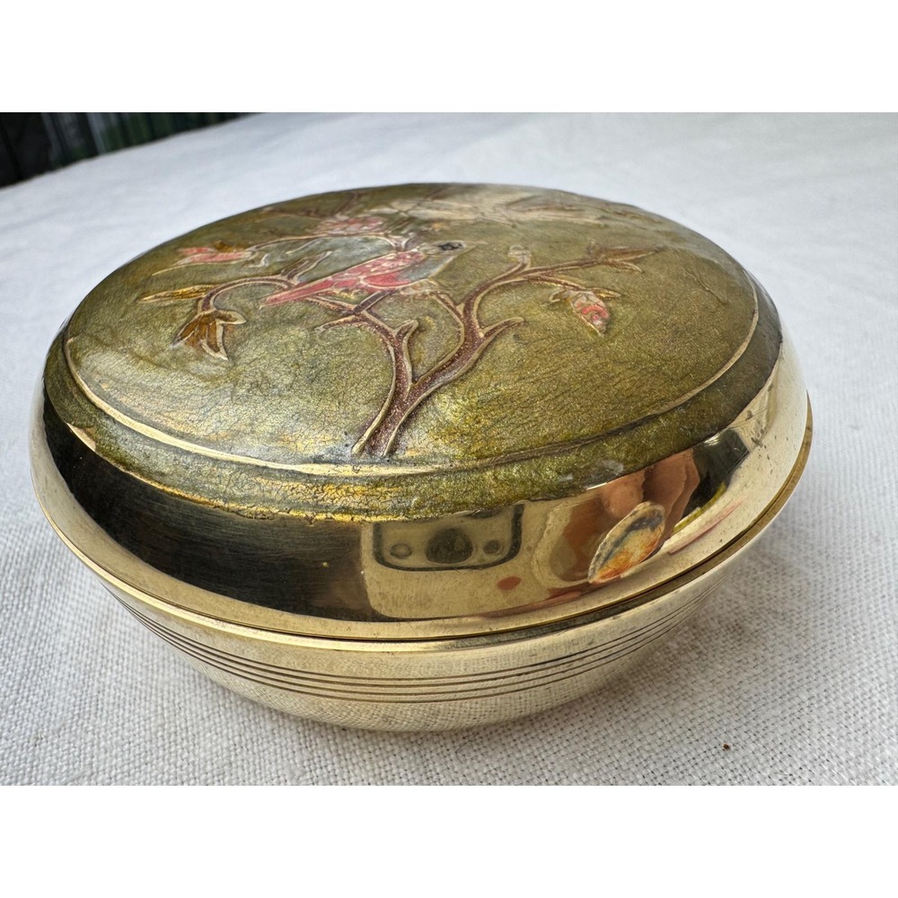 Vintage Brass Champleve Trinket Compact Bowl Bird Floral Enamel Lid Jewelry Box